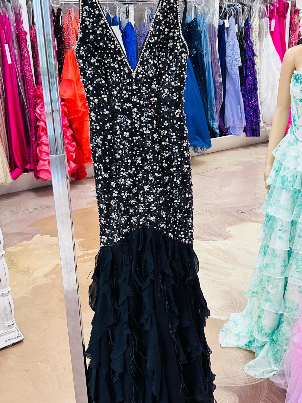 Prima Donna Black Sequin V-Neck Ruffle-Hem Prom Gown